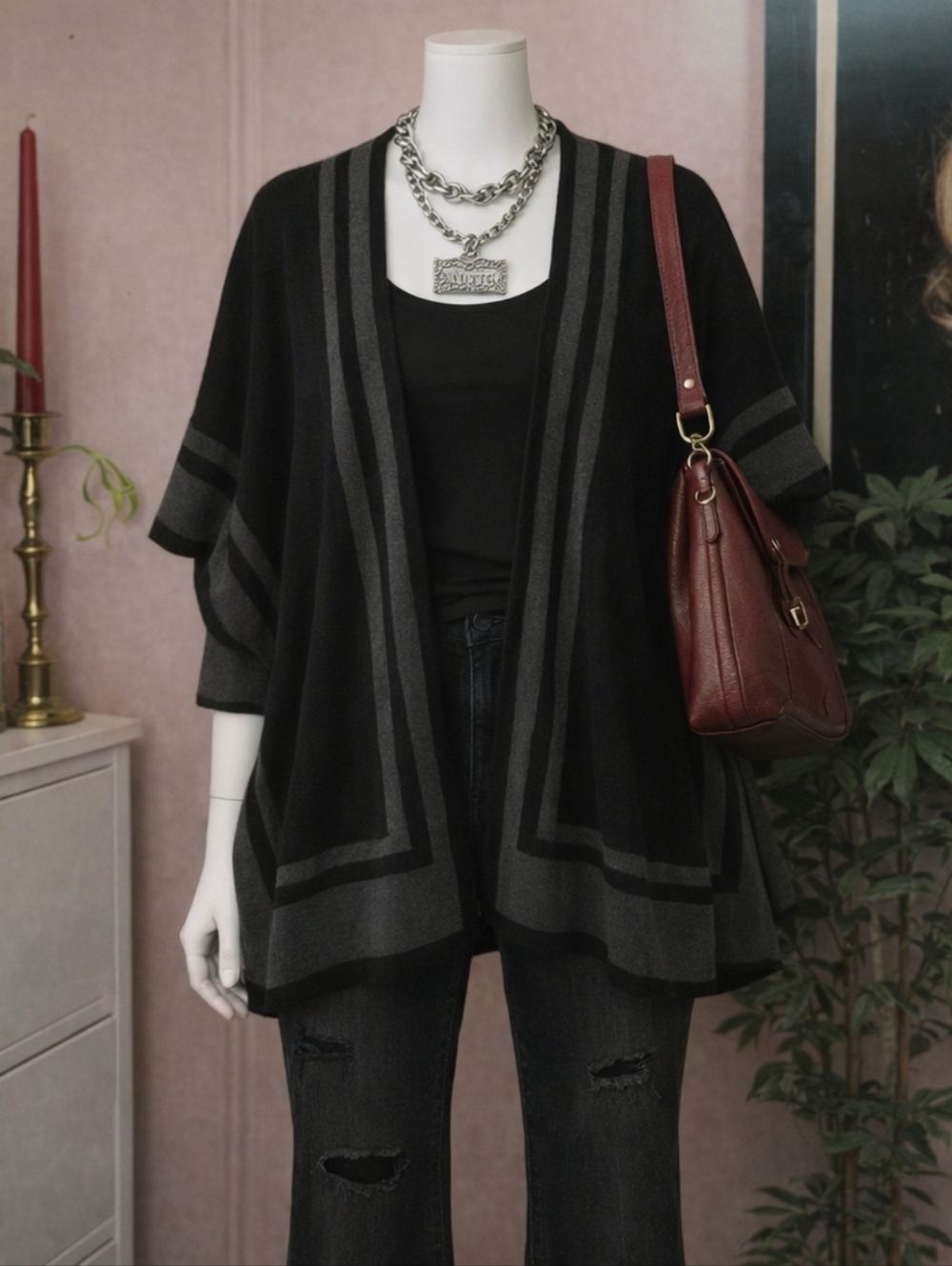 Lauren Ralph Lauren Black Gray Open Front Poncho Cardigan One Size